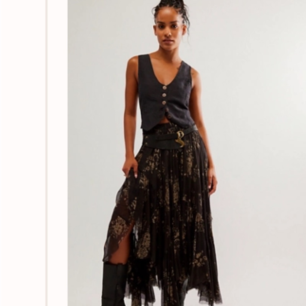 Free People Black Maxi Skirt with Gold Print
